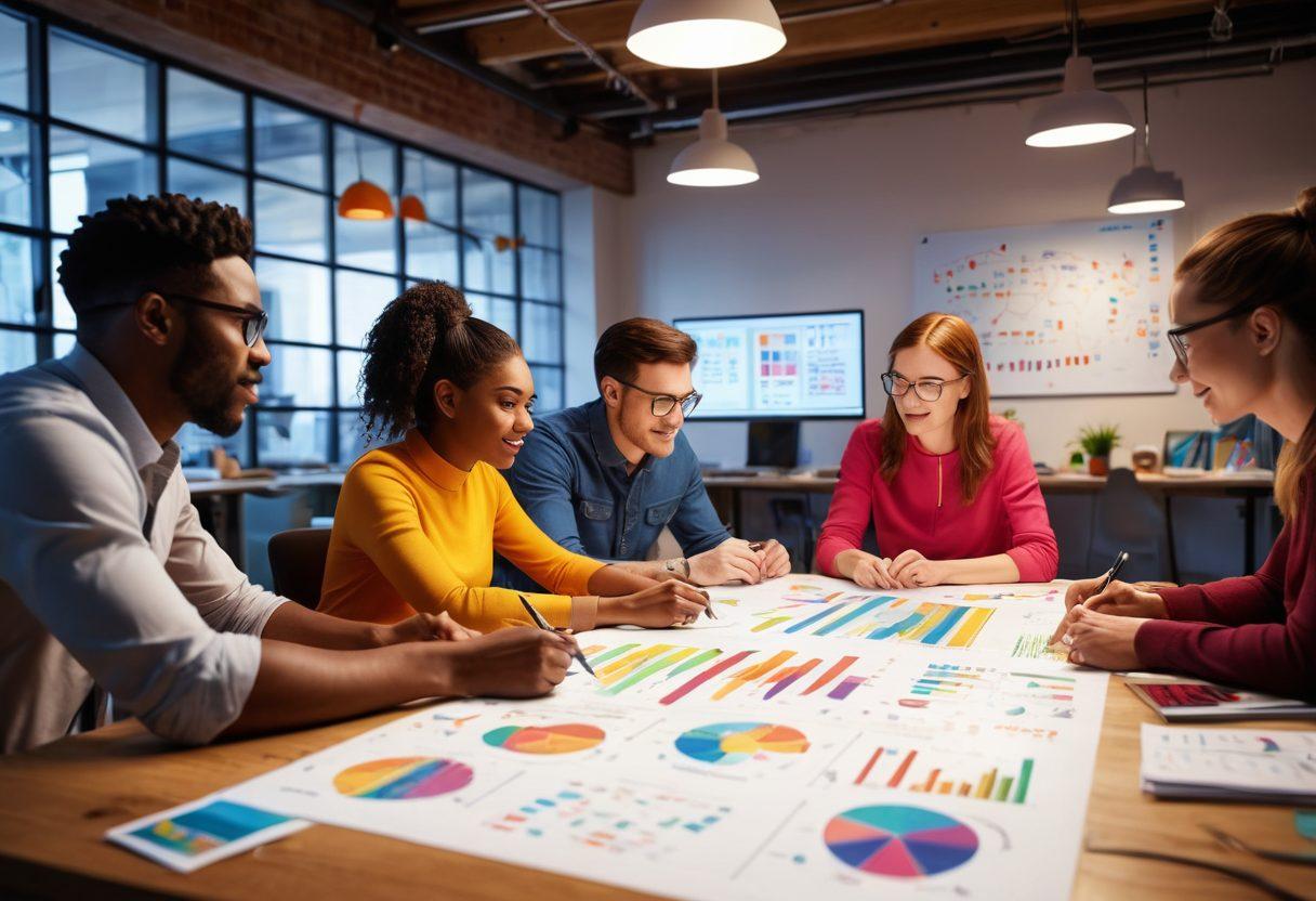 A dynamic scene depicting a diverse group of individuals collaborating in a bright, innovative workspace, surrounded by visual representations of strategies like graphs, charts, and light bulbs. Include a motivational quote subtly in the background. Bright colors and positive energy should radiate from the image. super-realistic. vibrant colors. 3D.