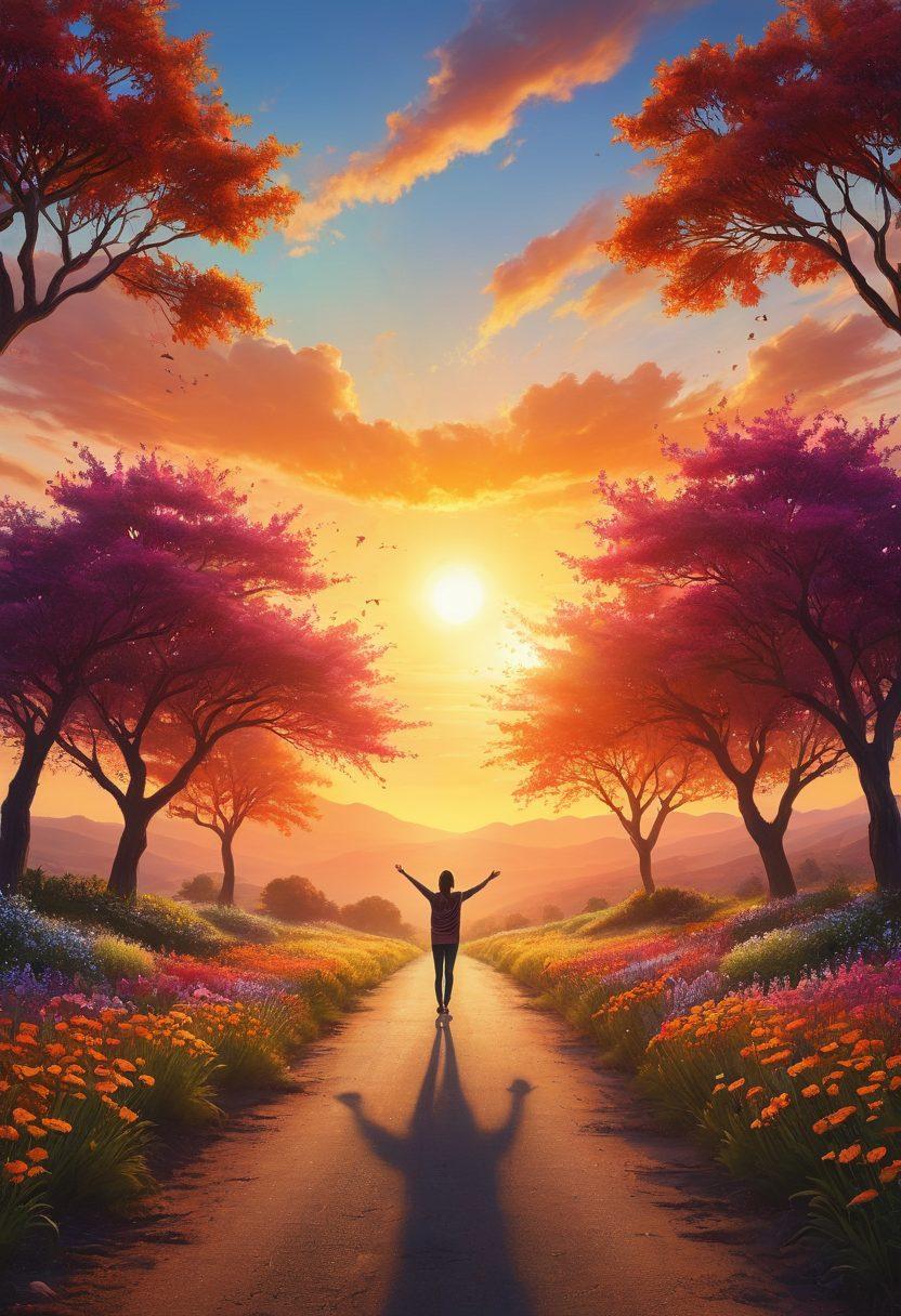 A vibrant, open road stretching infinitely into a sunrise symbolizing growth and opportunity, with a silhouette of a person reaching for the sky, surrounded by flourishing trees and blooming flowers. The scene should radiate positivity and inspiration, inviting viewers to embark on their personal journey of growth. super-realistic. vibrant colors. soft-focus background.