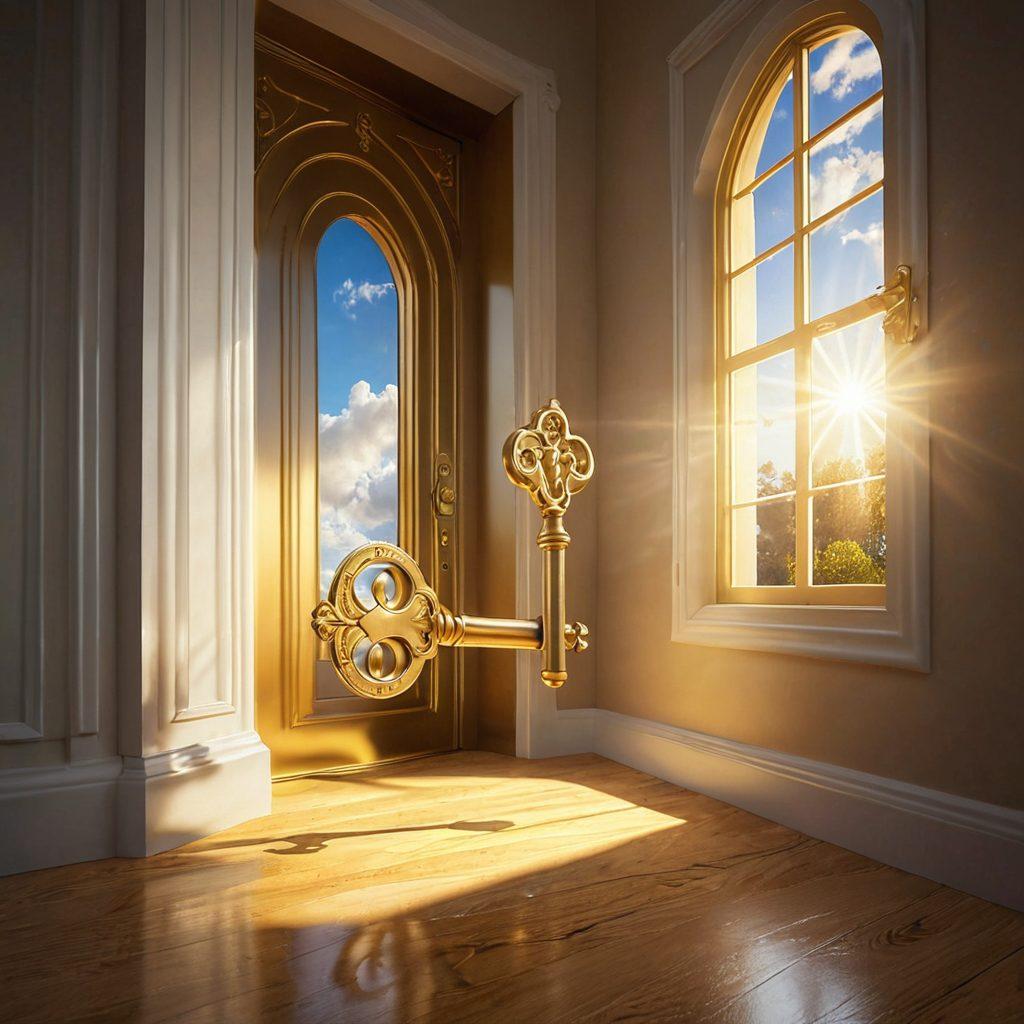 A golden key unlocking a door made of success symbols, like trophies and staircases, with vibrant rays of light shining through. The background features subtle clouds of determination and effort. A serene landscape with paths leading towards a bright horizon, symbolizing lasting success. super-realistic. vibrant colors. soft focus.